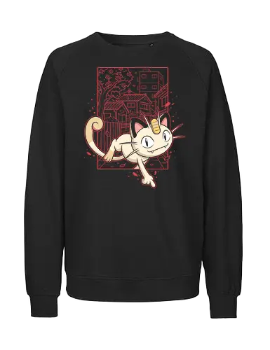 Coin Cat Run: The Midnight Stroll - Meowth shirt, retro Japanese streetwear, anime cat graphic tee, pocket monster apparel, lo-fi city pop design, 90s gaming nostalgia, Japanese suburb aesthetic, cherry blossom anime clothing, minimalist otaku fashion, vintage manga style tee - Fairtrade Sweatshirt