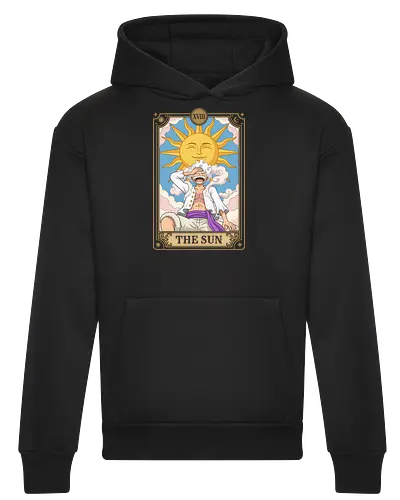 The Sun Arcana: Warrior of Liberation - Luffy Gear 5 shirt, Joy Boy apparel, One Piece aesthetic streetwear, shonen manga clothing, retro anime tarot design, Pirate King graphic shirt, witchy otaku fashion, Sun God Nika merch, anime tarot card graphic, The Sun major arcana tee - Heavyweight Hoodie