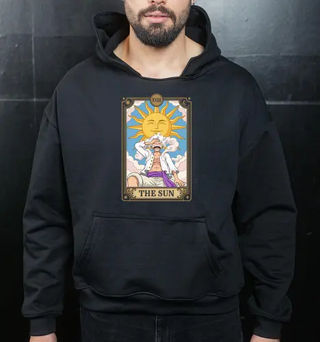 The Sun Arcana: Warrior of Liberation - Luffy Gear 5 shirt, Joy Boy apparel, One Piece aesthetic streetwear, shonen manga clothing, retro anime tarot design, Pirate King graphic shirt, witchy otaku fashion, Sun God Nika merch, anime tarot card graphic, The Sun major arcana tee - Cropped Hoodie