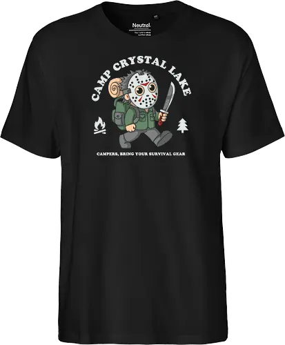 Camp Crystal Lake - horrorfan, horror, slasher, camping, camper, survival, terror, retro, vintage, scary, halloween, camp, forest, adventure, humor, funny, nostalgia, 80s, movie, cinema, popculture, outdoors, nature, spooky, creepy, survivalist, campsite, illustration, cartoon, geek - Fairtrade T-Shirt