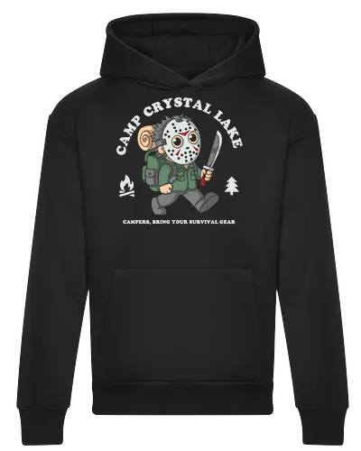 Camp Crystal Lake - horrorfan, horror, slasher, camping, camper, survival, terror, retro, vintage, scary, halloween, camp, forest, adventure, humor, funny, nostalgia, 80s, movie, cinema, popculture, outdoors, nature, spooky, creepy, survivalist, campsite, illustration, cartoon, geek - Heavyweight Hoodie