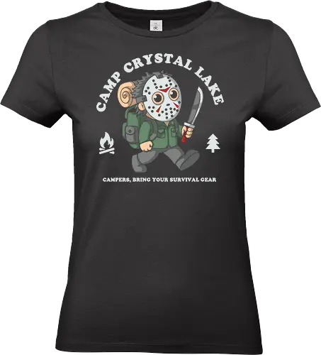 Camp Crystal Lake - horrorfan, horror, slasher, camping, camper, survival, terror, retro, vintage, scary, halloween, camp, forest, adventure, humor, funny, nostalgia, 80s, movie, cinema, popculture, outdoors, nature, spooky, creepy, survivalist, campsite, illustration, cartoon, geek - Standard T-Shirt (Frauen)