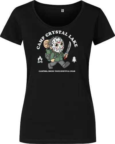 Camp Crystal Lake - horrorfan, horror, slasher, camping, camper, survival, terror, retro, vintage, scary, halloween, camp, forest, adventure, humor, funny, nostalgia, 80s, movie, cinema, popculture, outdoors, nature, spooky, creepy, survivalist, campsite, illustration, cartoon, geek - Damen T-Shirt