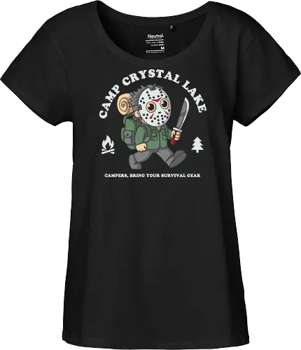 Camp Crystal Lake - horrorfan, horror, slasher, camping, camper, survival, terror, retro, vintage, scary, halloween, camp, forest, adventure, humor, funny, nostalgia, 80s, movie, cinema, popculture, outdoors, nature, spooky, creepy, survivalist, campsite, illustration, cartoon, geek - Fairtrade Girl Shirt
