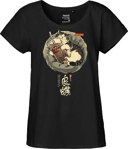 Boba Cat - cat lover, sleeping cat, art print, cozy, aesthetic, cat, boba, funny, vintage, retro, japanese, cute, boba tea, bubble tea, kawaii - Fairtrade Girl Shirt