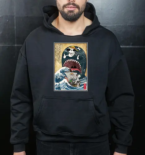 Goodbye Laboon woodblock - anime, manga, japan, japanese art, Pirate, laboon - Cropped Hoodie
