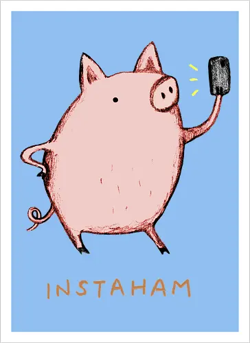 Der Berühmteste Influencer Auf Dem Bauernhof - süße Figur, lustiges Schwein, süßes Tier, Tier-Selfie, Schweinehumor, Wortspiel, digitale Kultur, soziale Medien, Influencer, Schweinezeichnung, lustige Kunst, Tierliebhaber, Bauernhoftier, Illustration, kreativer Humor - Kunstdruck