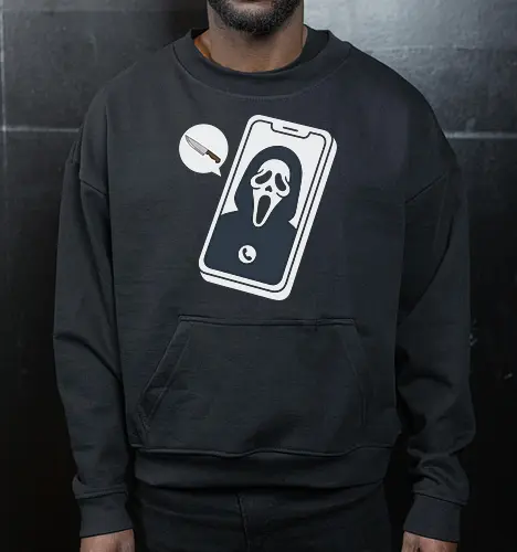 Missed Call: The Modern Slasher - Scream movie shirt, Ghostface caller graphic tee, modern horror apparel, 90s slasher streetwear, spooky halloween clothing, scary movie aesthetic design, funny horror meme tee, minimalist ghostface merch, text bubble knife graphic, alternative pop culture fashion - Cropped Sweatshirt