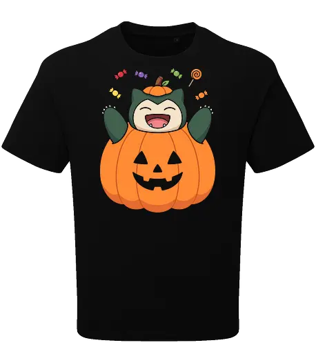 Halloween Treats: The Pumpkin Monster - Snorlax Halloween shirt, Pokemon pumpkin graphic tee, cute pocket monster apparel, kawaii trick or treat streetwear, nostalgic 90s gamer clothing, funny anime autumn design, aesthetic Halloween merch, sweet tooth monster shirt, retro gaming festive fashion, Jack o lantern anime tee - Oversize T-Shirt