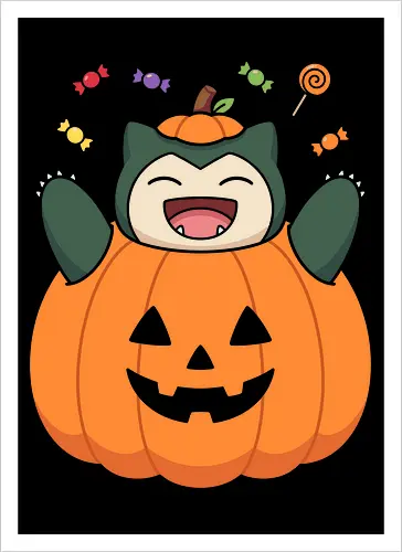 Halloween Treats: The Pumpkin Monster - Snorlax Halloween shirt, Pokemon pumpkin graphic tee, cute pocket monster apparel, kawaii trick or treat streetwear, nostalgic 90s gamer clothing, funny anime autumn design, aesthetic Halloween merch, sweet tooth monster shirt, retro gaming festive fashion, Jack o lantern anime tee - Kunstdruck