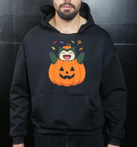 Halloween Treats: The Pumpkin Monster - Snorlax Halloween shirt, Pokemon pumpkin graphic tee, cute pocket monster apparel, kawaii trick or treat streetwear, nostalgic 90s gamer clothing, funny anime autumn design, aesthetic Halloween merch, sweet tooth monster shirt, retro gaming festive fashion, Jack o lantern anime tee - Cropped Hoodie