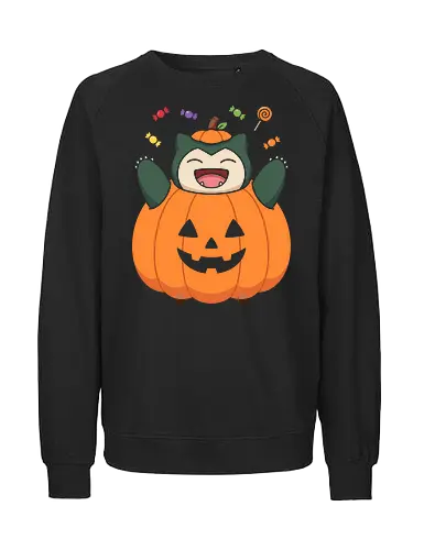 Halloween Treats: The Pumpkin Monster - Snorlax Halloween shirt, Pokemon pumpkin graphic tee, cute pocket monster apparel, kawaii trick or treat streetwear, nostalgic 90s gamer clothing, funny anime autumn design, aesthetic Halloween merch, sweet tooth monster shirt, retro gaming festive fashion, Jack o lantern anime tee - Fairtrade Sweatshirt