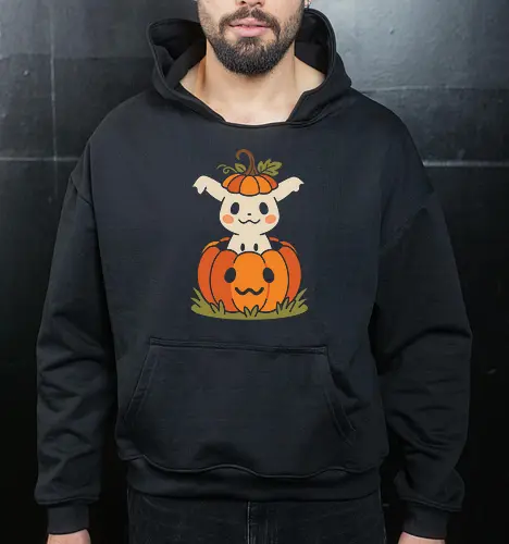Pumpkin Patch Peekaboo: The Ghostly Mimic - Mimikyu Halloween shirt, cute ghost Pokemon tee, kawaii pumpkin graphic apparel, anime autumn streetwear, nostalgic gamer clothing, spooky cute monster merch, Jack o lantern design, aesthetic fall fashion, minimalist pop culture shirt, Japanese gaming nostalgia - Cropped Hoodie