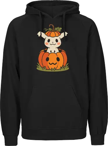 Pumpkin Patch Peekaboo: The Ghostly Mimic - Mimikyu Halloween shirt, cute ghost Pokemon tee, kawaii pumpkin graphic apparel, anime autumn streetwear, nostalgic gamer clothing, spooky cute monster merch, Jack o lantern design, aesthetic fall fashion, minimalist pop culture shirt, Japanese gaming nostalgia - Fairtrade Hoodie