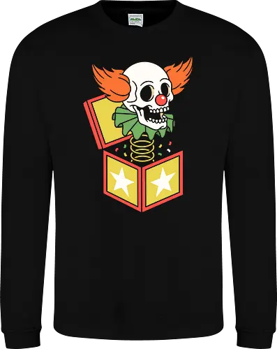 Surprise Scare: The Skull in the Box - jack in the box shirt, creepy clown graphic tee, vintage toy streetwear, skull jester apparel, spooky circus clothing, retro horror design, dark aesthetic fashion, alternative graphic tee, Halloween pop art shirt, nostalgic creepy merch - Sweatshirt