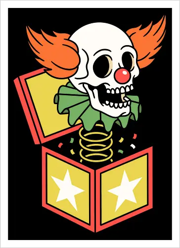 Surprise Scare: The Skull in the Box - jack in the box shirt, creepy clown graphic tee, vintage toy streetwear, skull jester apparel, spooky circus clothing, retro horror design, dark aesthetic fashion, alternative graphic tee, Halloween pop art shirt, nostalgic creepy merch - Kunstdruck
