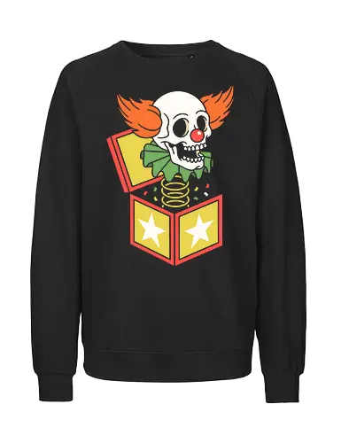 Surprise Scare: The Skull in the Box - jack in the box shirt, creepy clown graphic tee, vintage toy streetwear, skull jester apparel, spooky circus clothing, retro horror design, dark aesthetic fashion, alternative graphic tee, Halloween pop art shirt, nostalgic creepy merch - Fairtrade Sweatshirt