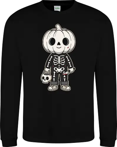 Trick or Treat: The Little Slasher - creepy cute halloween shirt, pumpkin head kid graphic, skeleton costume apparel, funny slasher streetwear, spooky trick or treat tee, pastel goth halloween clothing, dark humor aesthetic, cute horror merch, aesthetic autumn fashion, knife wielding pumpkin boy - Sweatshirt