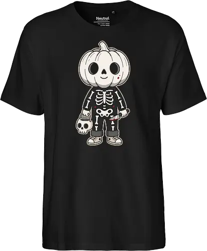 Trick or Treat: The Little Slasher - creepy cute halloween shirt, pumpkin head kid graphic, skeleton costume apparel, funny slasher streetwear, spooky trick or treat tee, pastel goth halloween clothing, dark humor aesthetic, cute horror merch, aesthetic autumn fashion, knife wielding pumpkin boy - Fairtrade T-Shirt