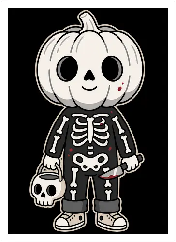 Trick or Treat: The Little Slasher - creepy cute halloween shirt, pumpkin head kid graphic, skeleton costume apparel, funny slasher streetwear, spooky trick or treat tee, pastel goth halloween clothing, dark humor aesthetic, cute horror merch, aesthetic autumn fashion, knife wielding pumpkin boy - Kunstdruck