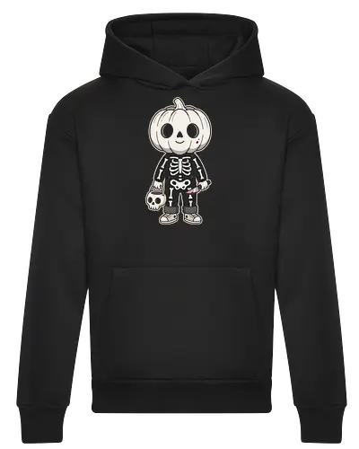 Trick or Treat: The Little Slasher - creepy cute halloween shirt, pumpkin head kid graphic, skeleton costume apparel, funny slasher streetwear, spooky trick or treat tee, pastel goth halloween clothing, dark humor aesthetic, cute horror merch, aesthetic autumn fashion, knife wielding pumpkin boy - Heavyweight Hoodie