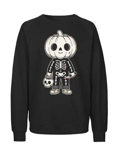Trick or Treat: The Little Slasher - creepy cute halloween shirt, pumpkin head kid graphic, skeleton costume apparel, funny slasher streetwear, spooky trick or treat tee, pastel goth halloween clothing, dark humor aesthetic, cute horror merch, aesthetic autumn fashion, knife wielding pumpkin boy - Fairtrade Sweatshirt