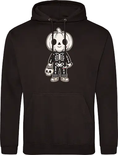 Trick or Treat: The Little Slasher - creepy cute halloween shirt, pumpkin head kid graphic, skeleton costume apparel, funny slasher streetwear, spooky trick or treat tee, pastel goth halloween clothing, dark humor aesthetic, cute horror merch, aesthetic autumn fashion, knife wielding pumpkin boy - Standard Hoodie