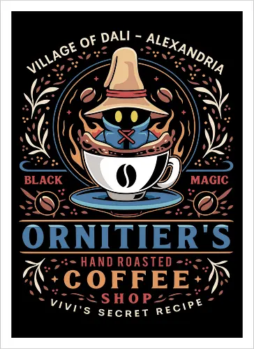 Ornitier Coffee Vintage - ff14, Cloud, Villain, video game, fat chocobo, vivi ornitier, black mage, quina quen, Cactus, Kupo, Kweh, ff9, final 9, fantasy - Kunstdruck