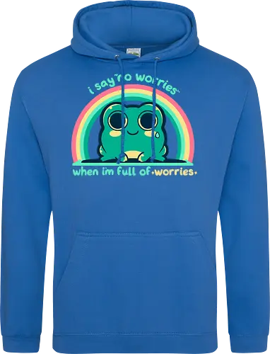 Full of Worries - stare, look, smile, thoughts, saying, phrase, Sorgen, Frosch, keine Sorgen, worries, worrying, worry, frog, rainbow, no worries - Standard Hoodie