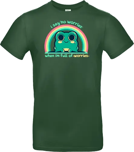 Full of Worries - stare, look, smile, thoughts, saying, phrase, Sorgen, Frosch, keine Sorgen, worries, worrying, worry, frog, rainbow, no worries - Standard T-Shirt