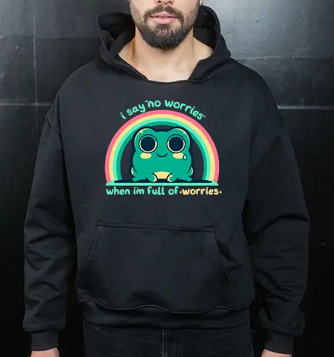 Full of Worries - stare, look, smile, thoughts, saying, phrase, Sorgen, Frosch, keine Sorgen, worries, worrying, worry, frog, rainbow, no worries - Cropped Hoodie