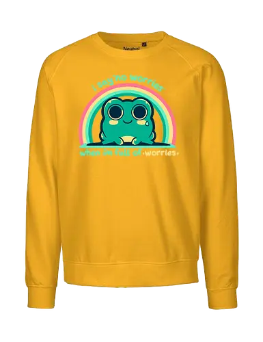 Full of Worries - stare, look, smile, thoughts, saying, phrase, Sorgen, Frosch, keine Sorgen, worries, worrying, worry, frog, rainbow, no worries - Fairtrade Sweatshirt
