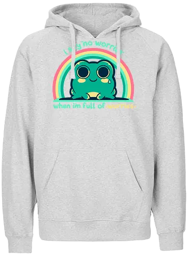 Full of Worries - stare, look, smile, thoughts, saying, phrase, Sorgen, Frosch, keine Sorgen, worries, worrying, worry, frog, rainbow, no worries - Fairtrade Hoodie