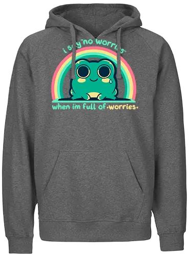 Full of Worries - stare, look, smile, thoughts, saying, phrase, Sorgen, Frosch, keine Sorgen, worries, worrying, worry, frog, rainbow, no worries - Fairtrade Hoodie