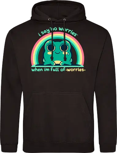 Full of Worries - stare, look, smile, thoughts, saying, phrase, Sorgen, Frosch, keine Sorgen, worries, worrying, worry, frog, rainbow, no worries - Standard Hoodie