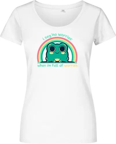 Full of Worries - stare, look, smile, thoughts, saying, phrase, Sorgen, Frosch, keine Sorgen, worries, worrying, worry, frog, rainbow, no worries - Damen T-Shirt