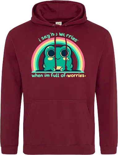 Full of Worries - stare, look, smile, thoughts, saying, phrase, Sorgen, Frosch, keine Sorgen, worries, worrying, worry, frog, rainbow, no worries - Standard Hoodie
