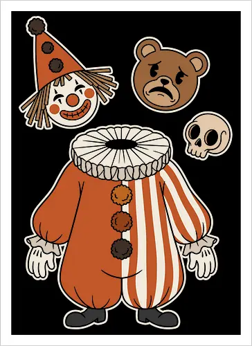 Pick Your Persona: The Vintage Harlequin - vintage clown shirt, weirdcore graphic tee, clowncore aesthetic apparel, creepy cute circus clothing, headless jester design, sad bear and skull, alternative halloween fashion, retro harlequin streetwear, macabre pop art tee, quirky identity graphic - Kunstdruck
