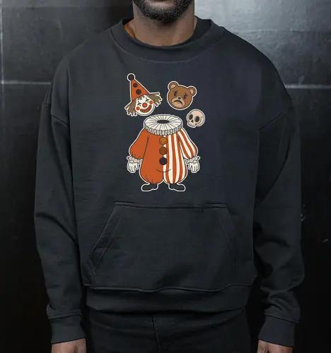 Pick Your Persona: The Vintage Harlequin - vintage clown shirt, weirdcore graphic tee, clowncore aesthetic apparel, creepy cute circus clothing, headless jester design, sad bear and skull, alternative halloween fashion, retro harlequin streetwear, macabre pop art tee, quirky identity graphic - Cropped Sweatshirt