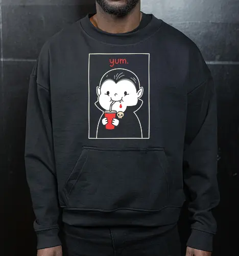 Vampire's Craving: The Red Cup - red cup vampire tee, alternative pop art fashion, creepy cute graphic shirt, funny vampire shirt, minimalist halloween graphic tee, negative space spooky apparel, cute goth streetwear, dark humor clothing, aesthetic dracula design, subtle horror merch - Cropped Sweatshirt