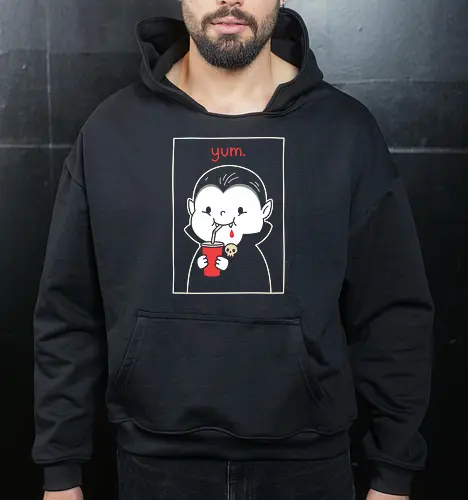 Vampire's Craving: The Red Cup - red cup vampire tee, alternative pop art fashion, creepy cute graphic shirt, funny vampire shirt, minimalist halloween graphic tee, negative space spooky apparel, cute goth streetwear, dark humor clothing, aesthetic dracula design, subtle horror merch - Cropped Hoodie
