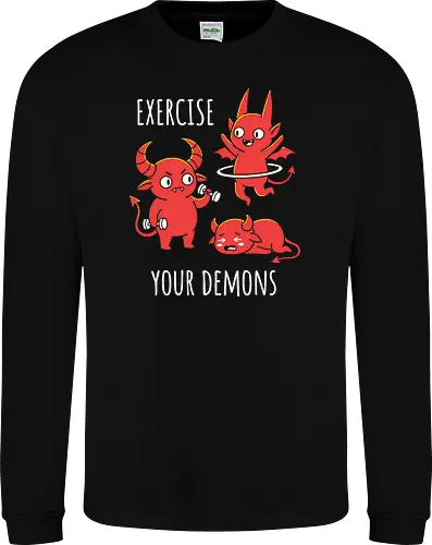 Exercise Your Demons: The Workout Crew - funny workout shirt, exercise your demons graphic tee, cute demon apparel, sarcastic gym clothing, fitness humor streetwear, relatable workout merch, chubby demon design, edgy fitness fashion, funny fitness motivation, kawaii hell graphic - Sweatshirt