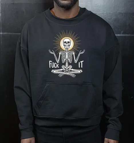 Eternal Zen: The Meditating Skeleton - meditating skeleton shirt, zen yoga graphic tee, inner peace apparel, spiritual skull streetwear, dark aesthetic clothing, minimalist gothic fashion, holy halo design, negative space skeleton art, alternative mindfulness merch, eternal zen graphic - Cropped Sweatshirt