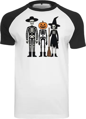 Trick-or-Treat Trio: The Spooky Squad - Halloween trick or treat shirt, spooky cute skeleton graphic, pumpkin head monster tee, nostalgic halloween apparel, witch and skeleton clothing, creepy cartoon streetwear, autumn spooky season merch, gothic animated characters, funny halloween squad shirt, alternative fall graphic tee - Raglan T-Shirt