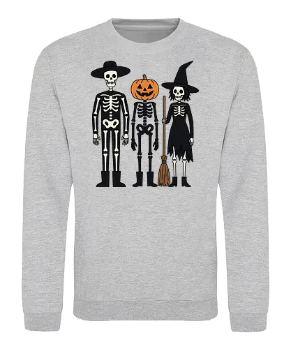 Trick-or-Treat Trio: The Spooky Squad - Halloween trick or treat shirt, spooky cute skeleton graphic, pumpkin head monster tee, nostalgic halloween apparel, witch and skeleton clothing, creepy cartoon streetwear, autumn spooky season merch, gothic animated characters, funny halloween squad shirt, alternative fall graphic tee - Sweatshirt