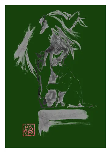 horse and cat - horse, sumie, japan, cat - Kunstdruck
