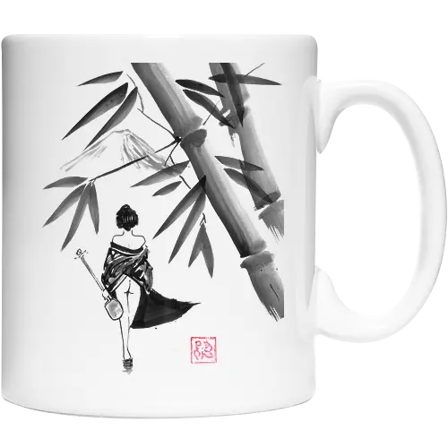 geishamisen - geisha, sumie, nude, bamboo, shamisen - Keramiktasse