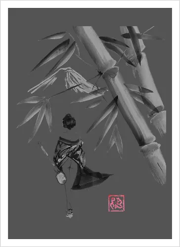 geishamisen - geisha, sumie, nude, bamboo, shamisen - Kunstdruck