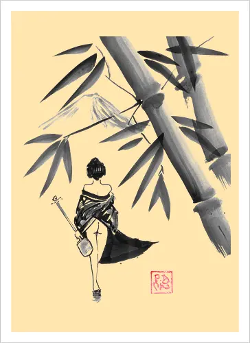 geishamisen - geisha, sumie, nude, bamboo, shamisen - Kunstdruck