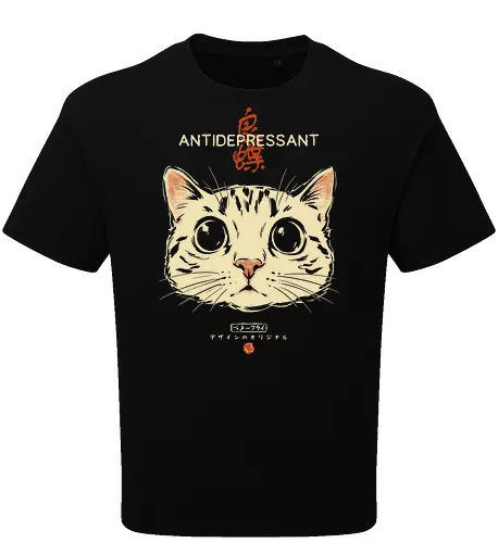 Antidepressant - cat, funny, vintage, retro, japanese, therapy, cute, mood, funny cat, cat lover, mental health, humor, kawaii, neko, quote, introvert, cat lover - Oversize T-Shirt